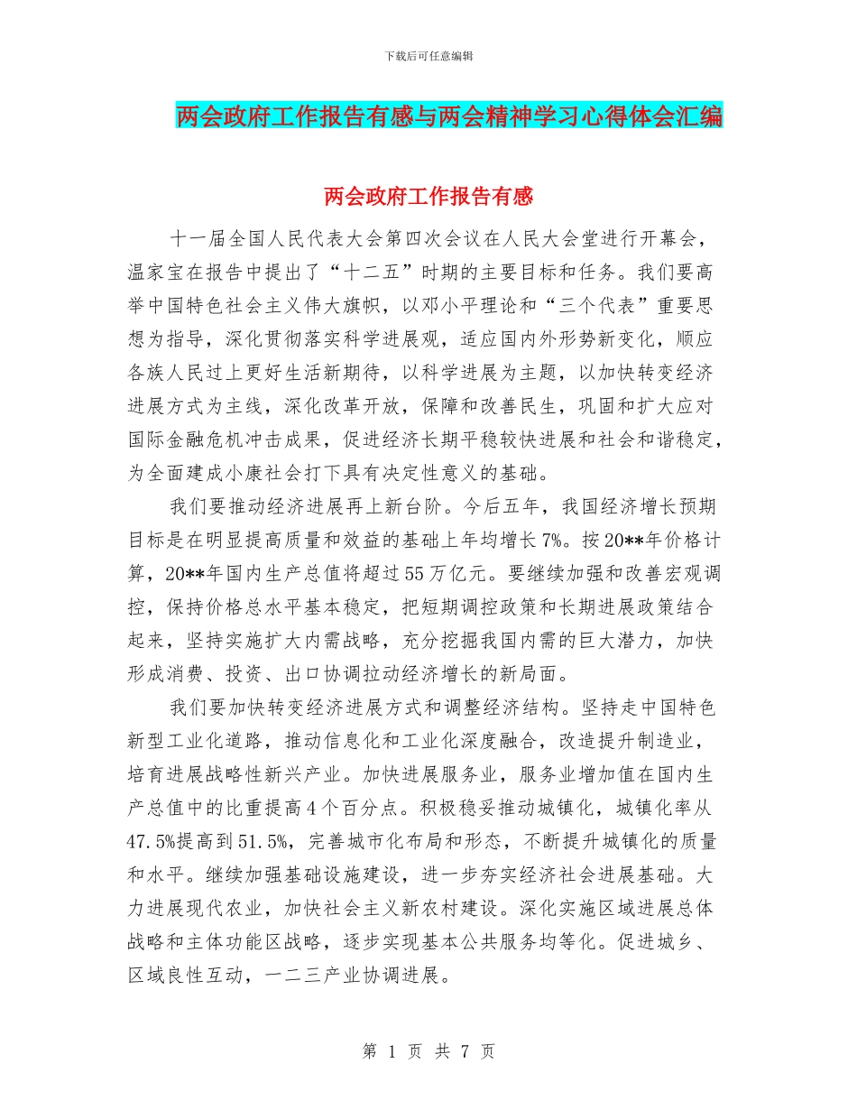 两会政府工作报告有感与两会精神学习心得体会汇编_第1页