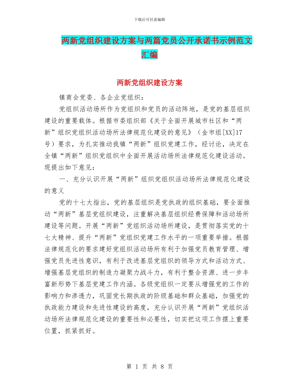两新党组织建设方案与两篇党员公开承诺书示例范文汇编_第1页