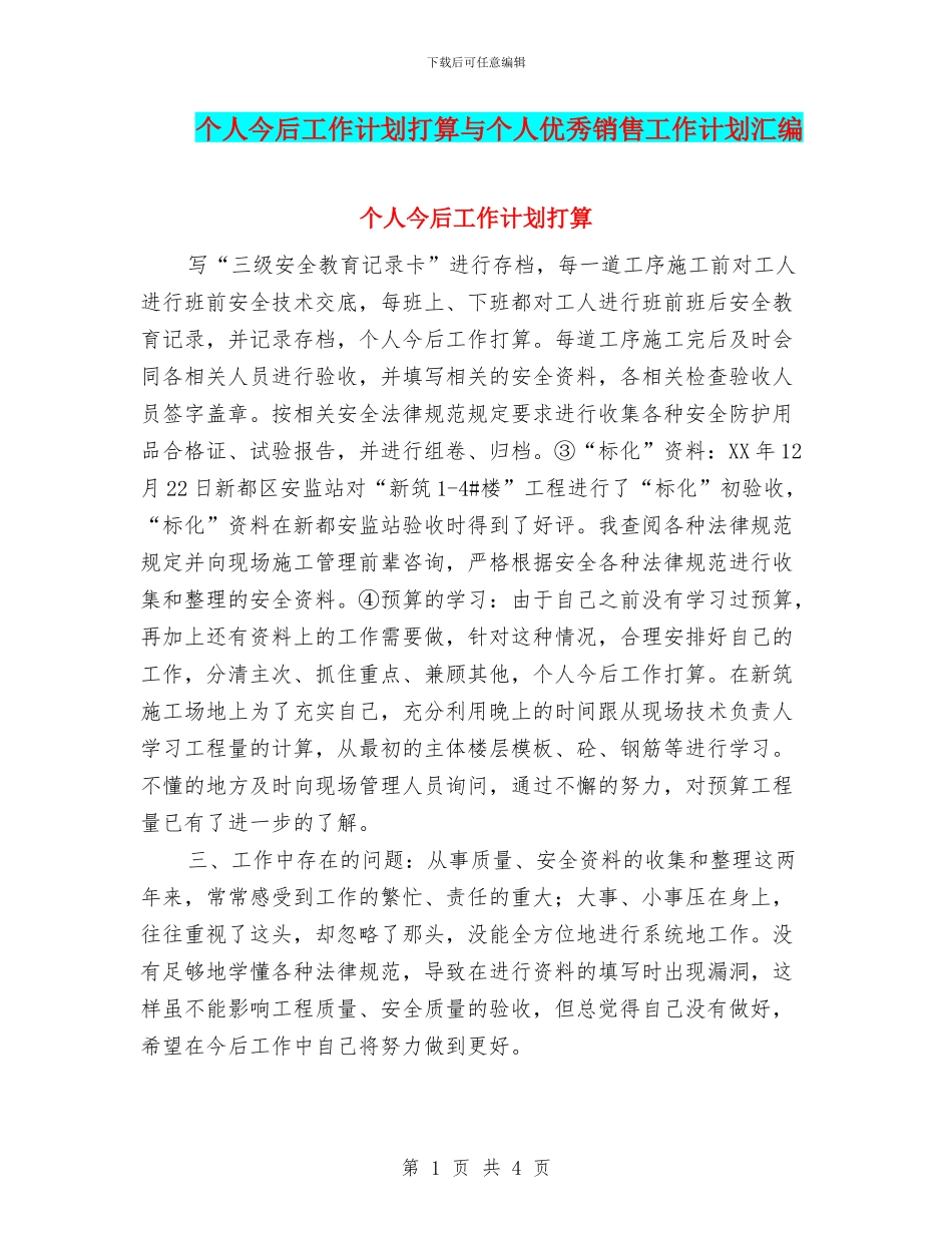 个人今后工作计划打算与个人优秀销售工作计划汇编_第1页