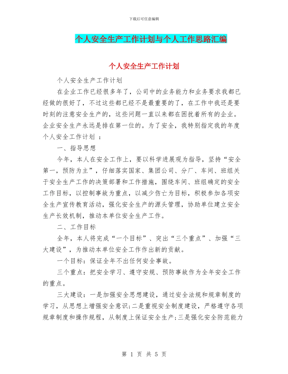 个人安全生产工作计划与个人工作思路汇编_第1页