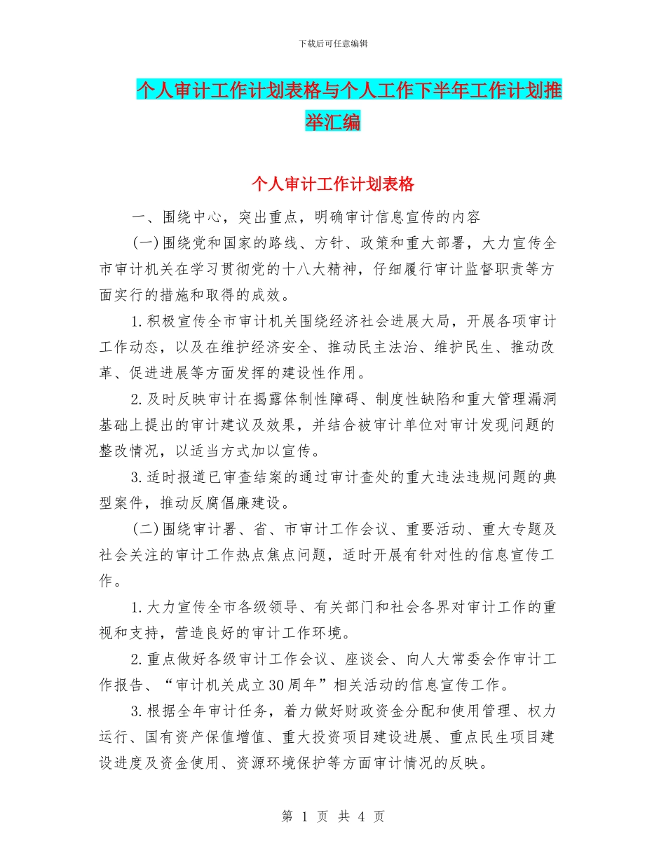 个人审计工作计划表格与个人工作下半年工作计划推荐汇编_第1页