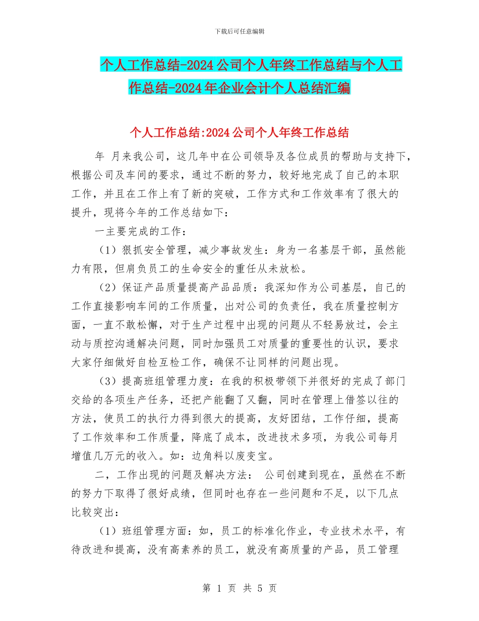 个人工作总结-2024公司个人年终工作总结与个人工作总结-2024年企业会计个人总结汇编_第1页