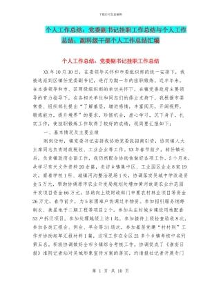 个人工作总结：党委副书记挂职工作总结与个人工作总结：副科级干部个人工作总结汇编
