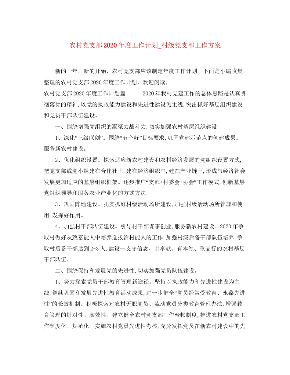 农村党支部年度工作计划_村级党支部工作方案_第1页