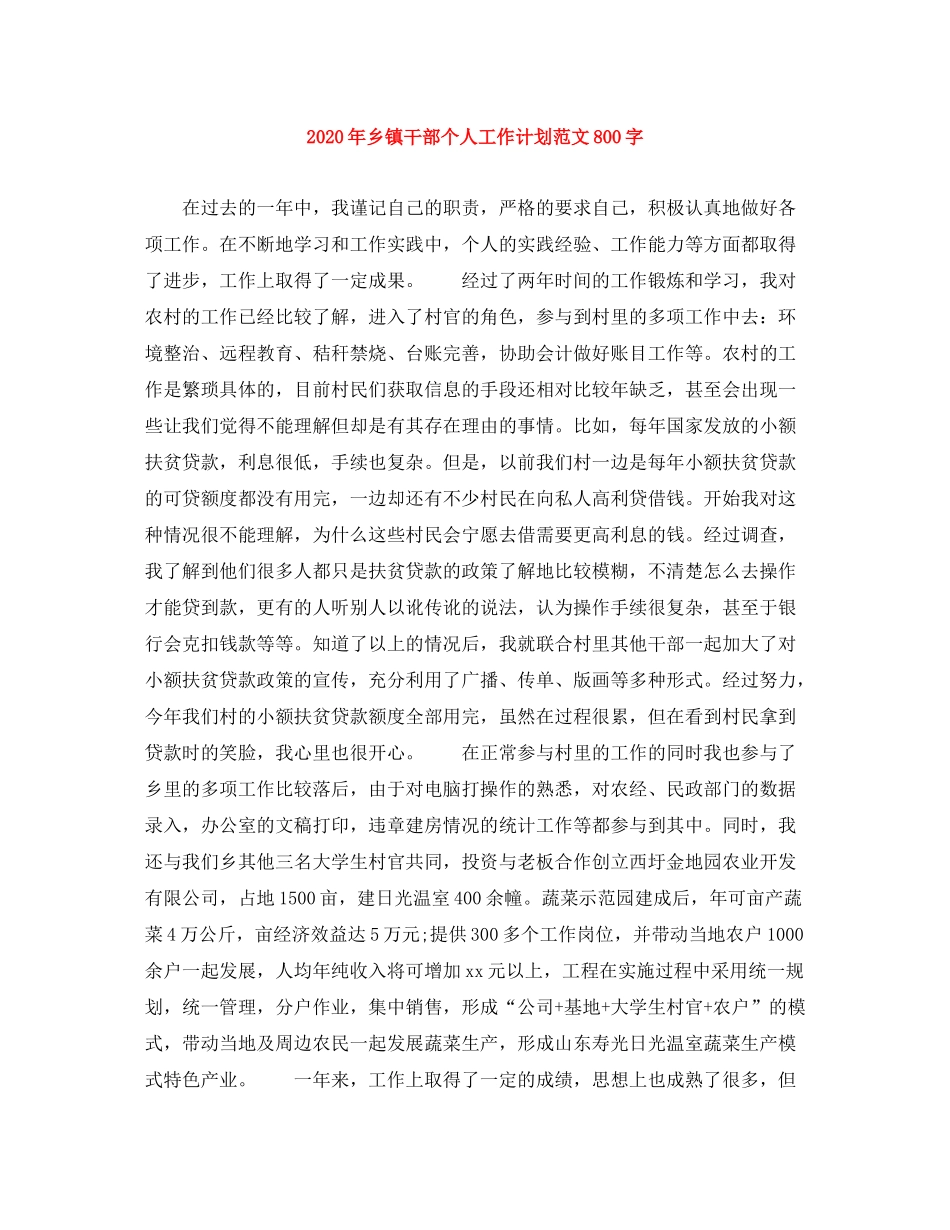 2020年乡镇干部个人工作计划范文800字_第1页