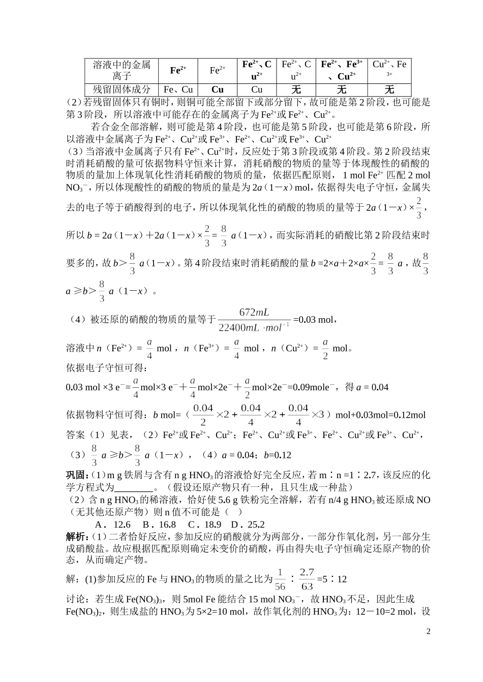 铁铜合金与硝酸反应计算题的综合思考_第2页