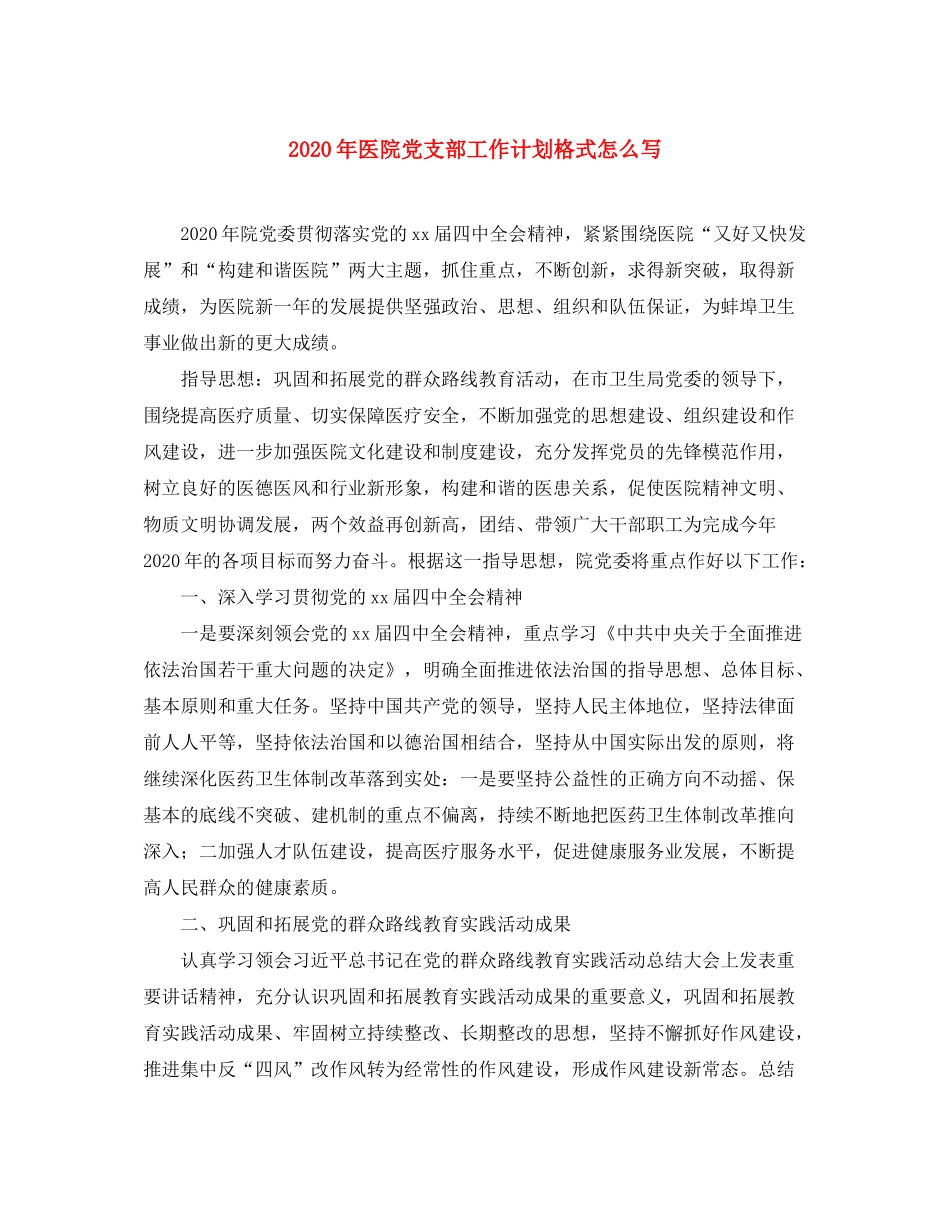 2020年医院党支部工作计划格式怎么写_第1页