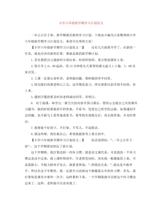 小学六年级新学期学习计划范文