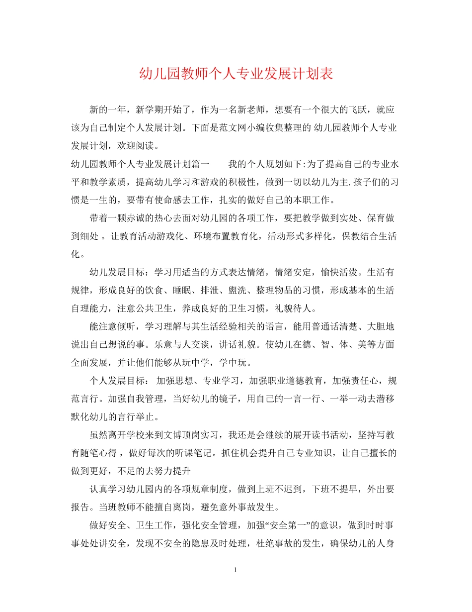 幼儿园教师个人专业发展计划表_第1页