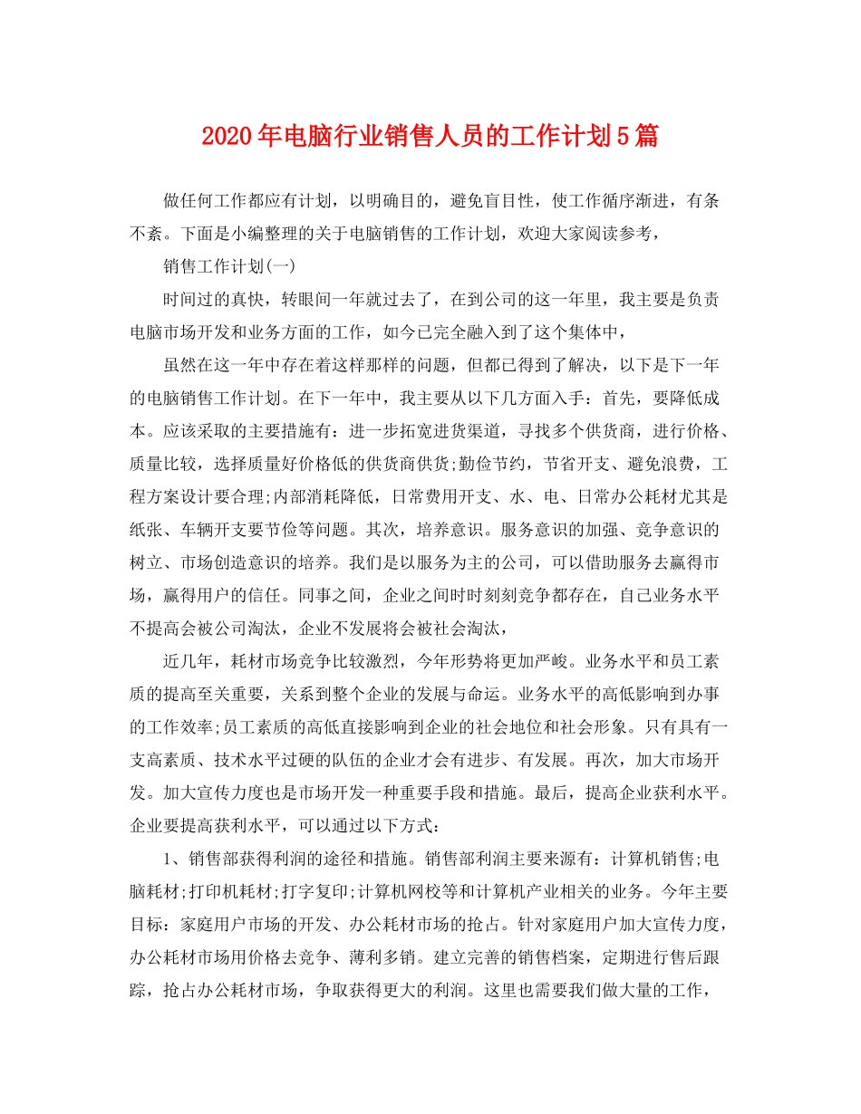 2020年电脑行业销售人员的工作计划5篇_第1页