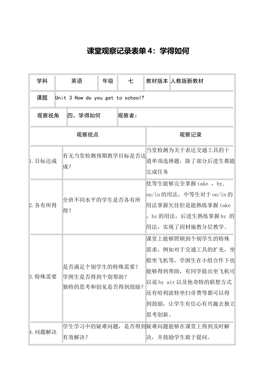 课堂观察记录表学的如何_第1页