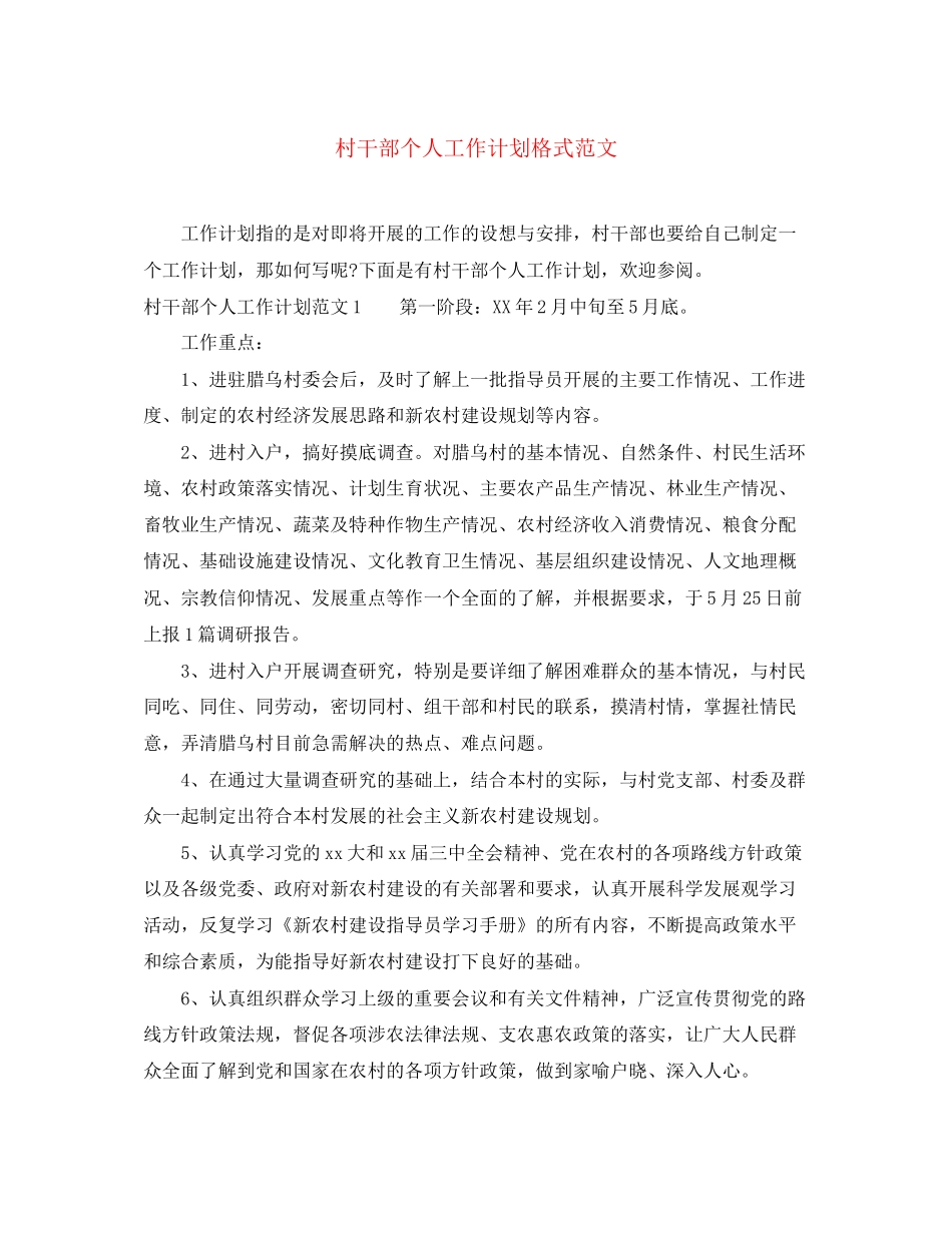 村干部个人工作计划格式范文_第1页