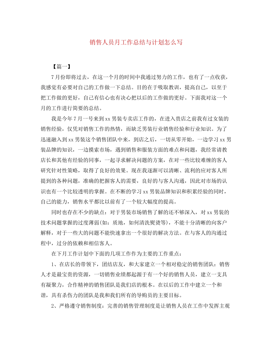 销售人员月工作总结与计划怎么写_第1页