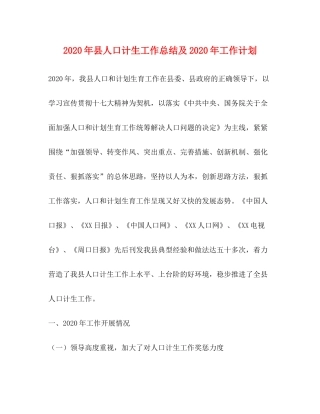 2020年县人口计生工作总结及年工作计划