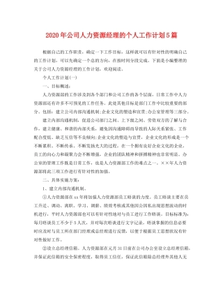 2020年公司人力资源经理的个人工作计划5篇