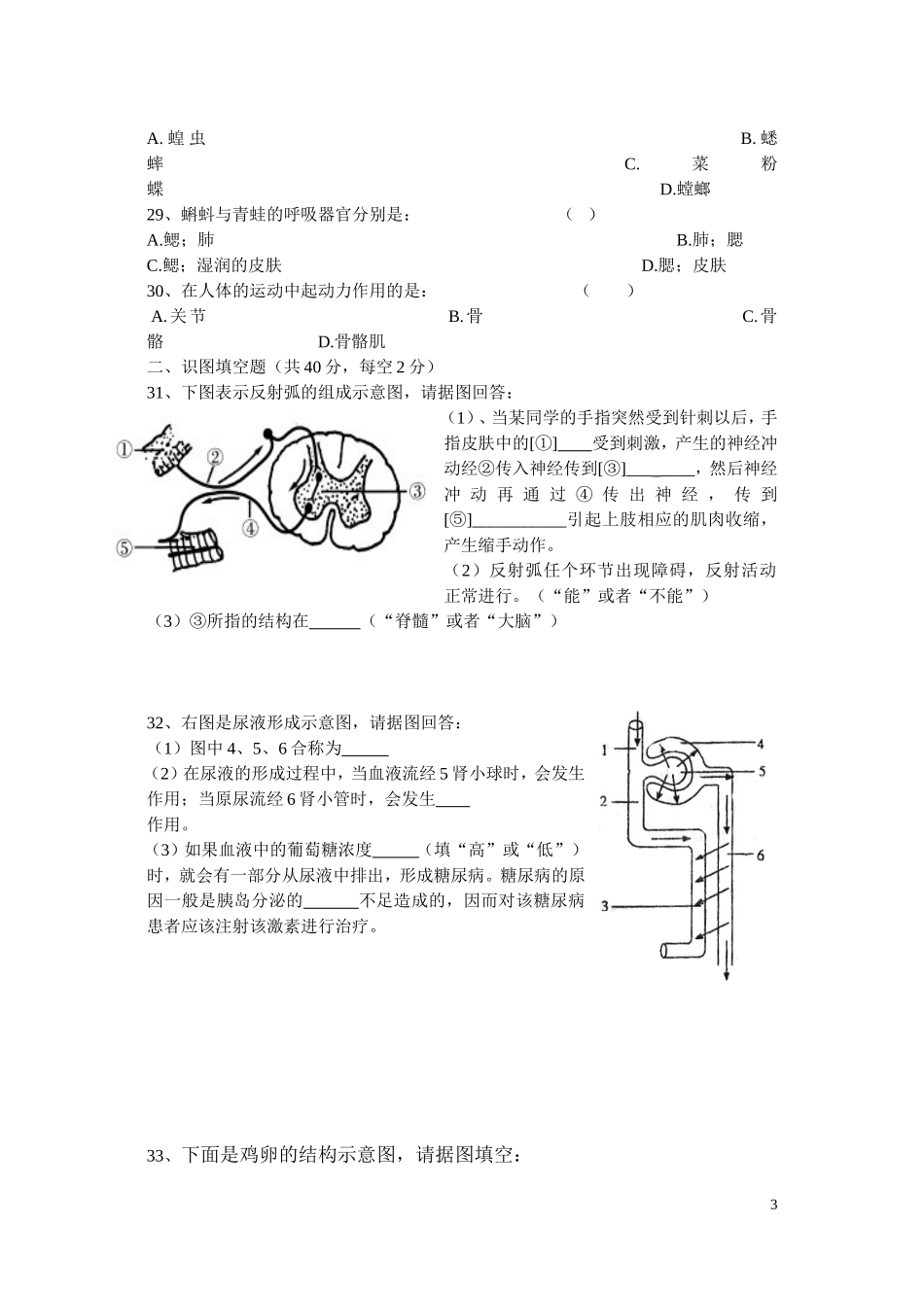 苏科版八年级上册生物期末试题_第3页