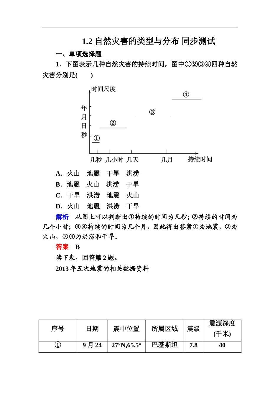 自然灾害的类型与分布同步测试湘教版选修_第1页