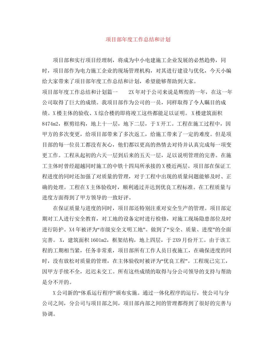 项目部年度工作总结和计划_第1页