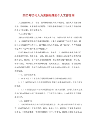 2020年公司人力资源经理的个人工作计划