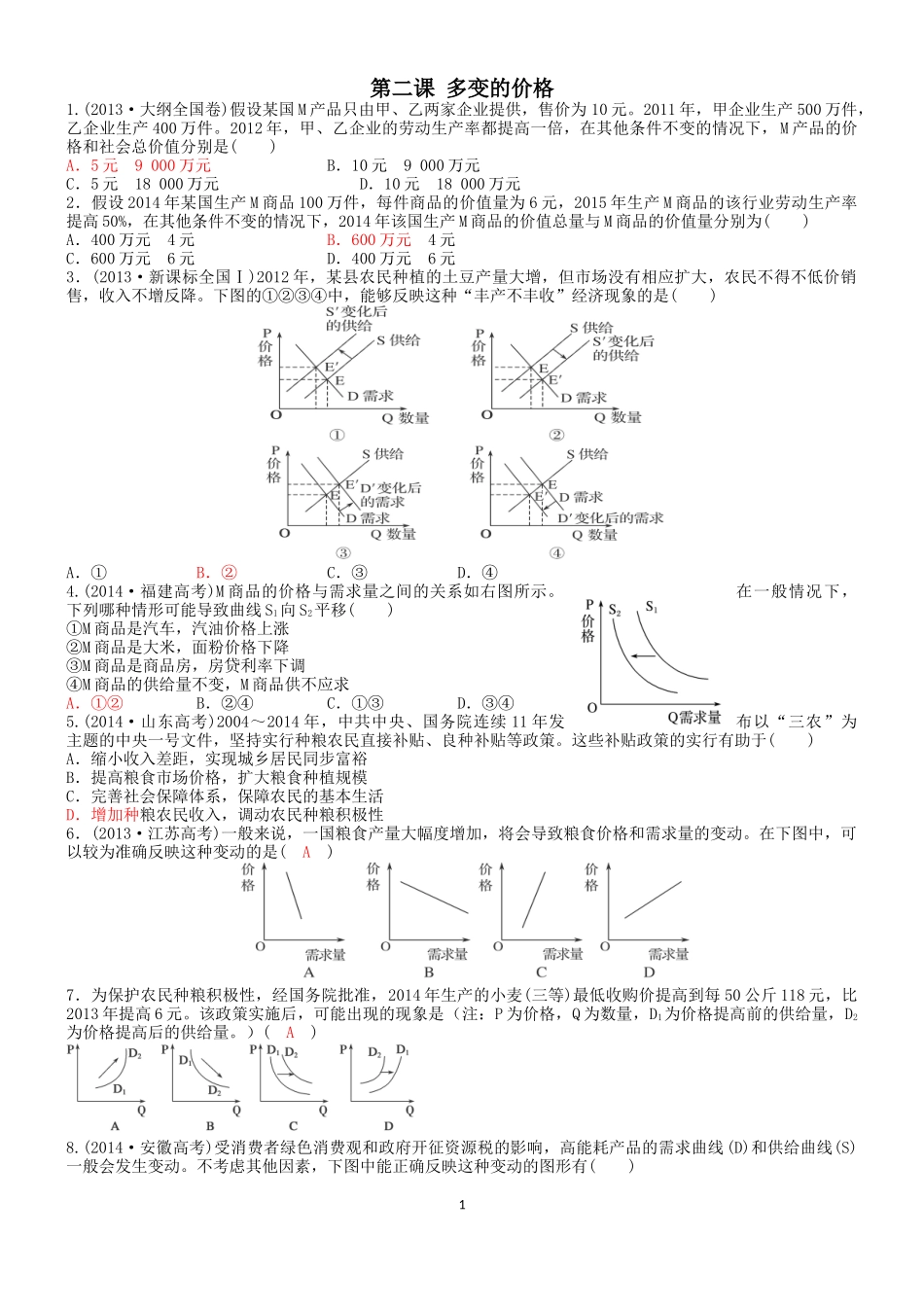 第二课多变的价格（2015一轮复习习题）_第1页