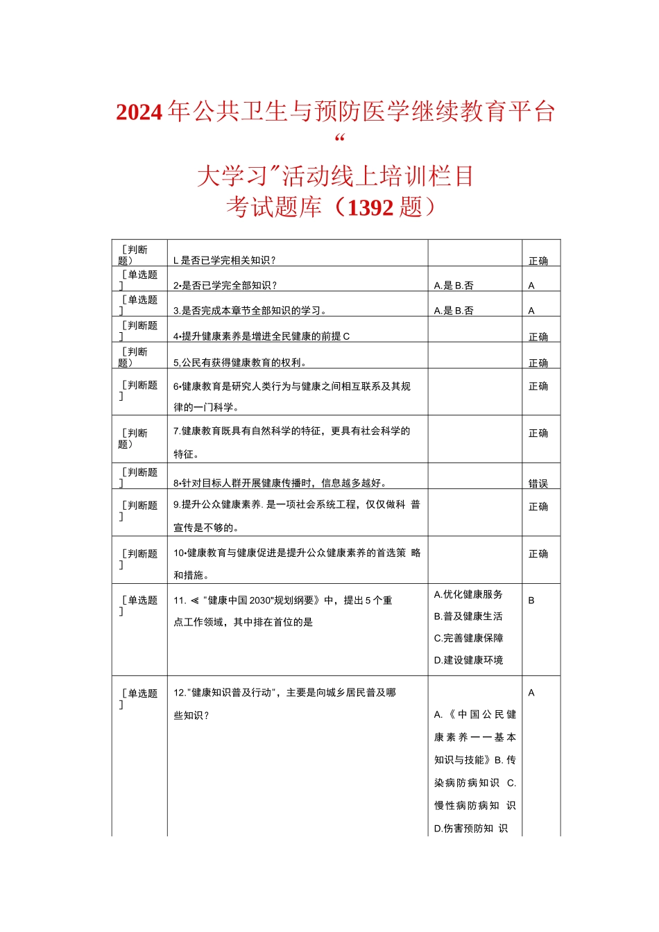 2024年公共卫生与预防医学继续教育平台“大学习”活动线上培训栏目考试题库（1392题）_第1页