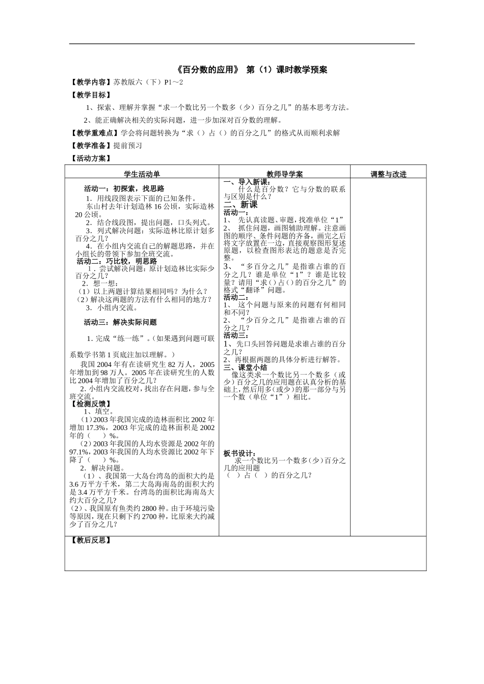 百分数的应用第课时教学预案_第1页