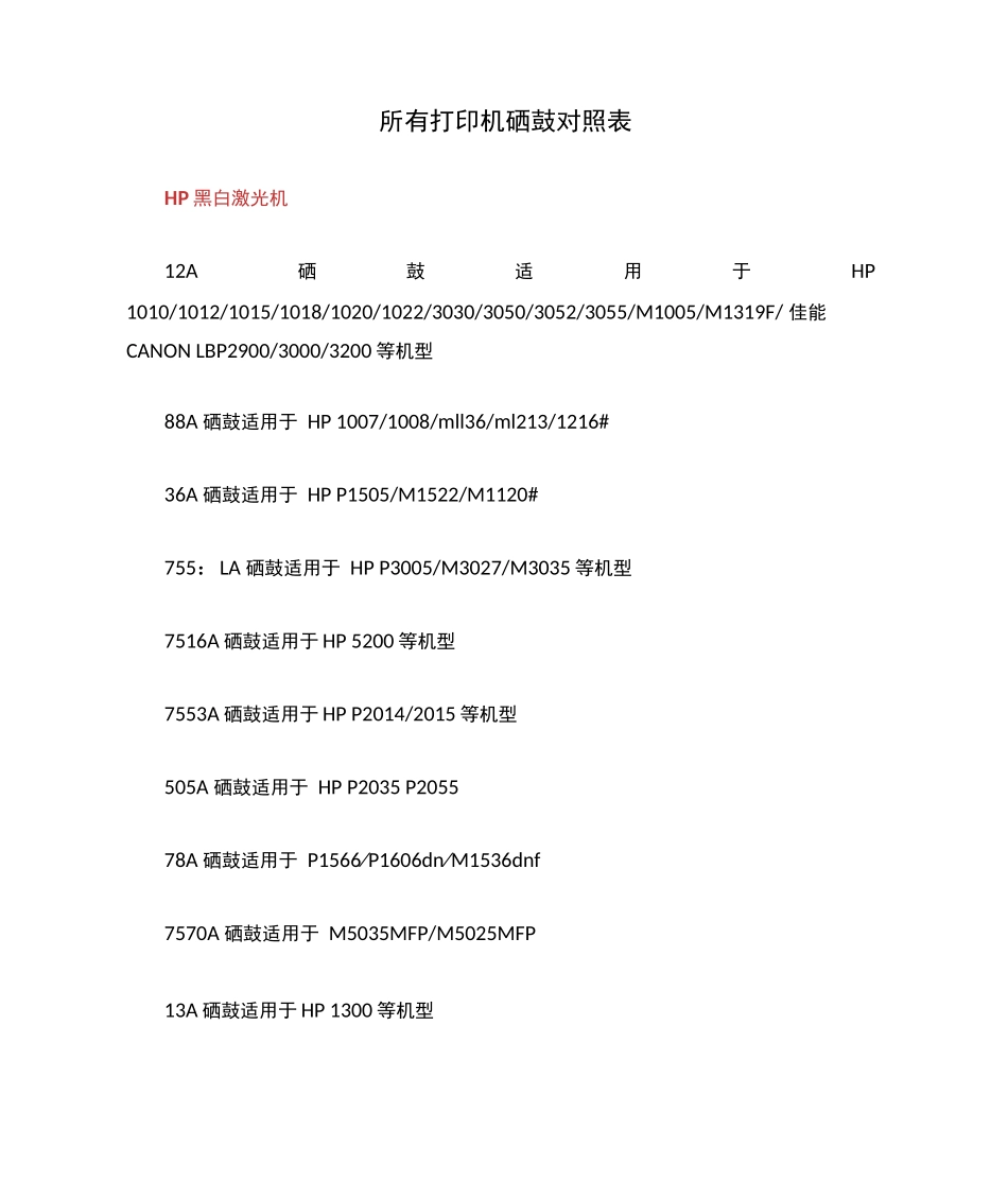 所有打印机硒鼓对照表_第1页