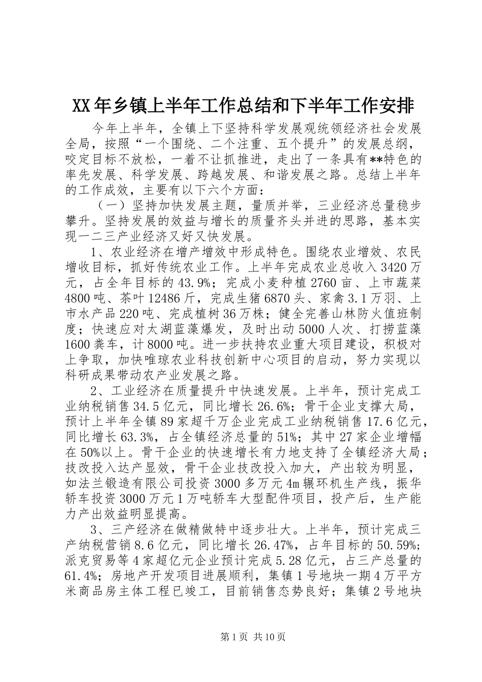 XX年乡镇上半年工作总结和下半年工作安排_第1页