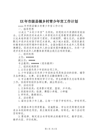 XX年市级县镇乡村青少年宫工作计划