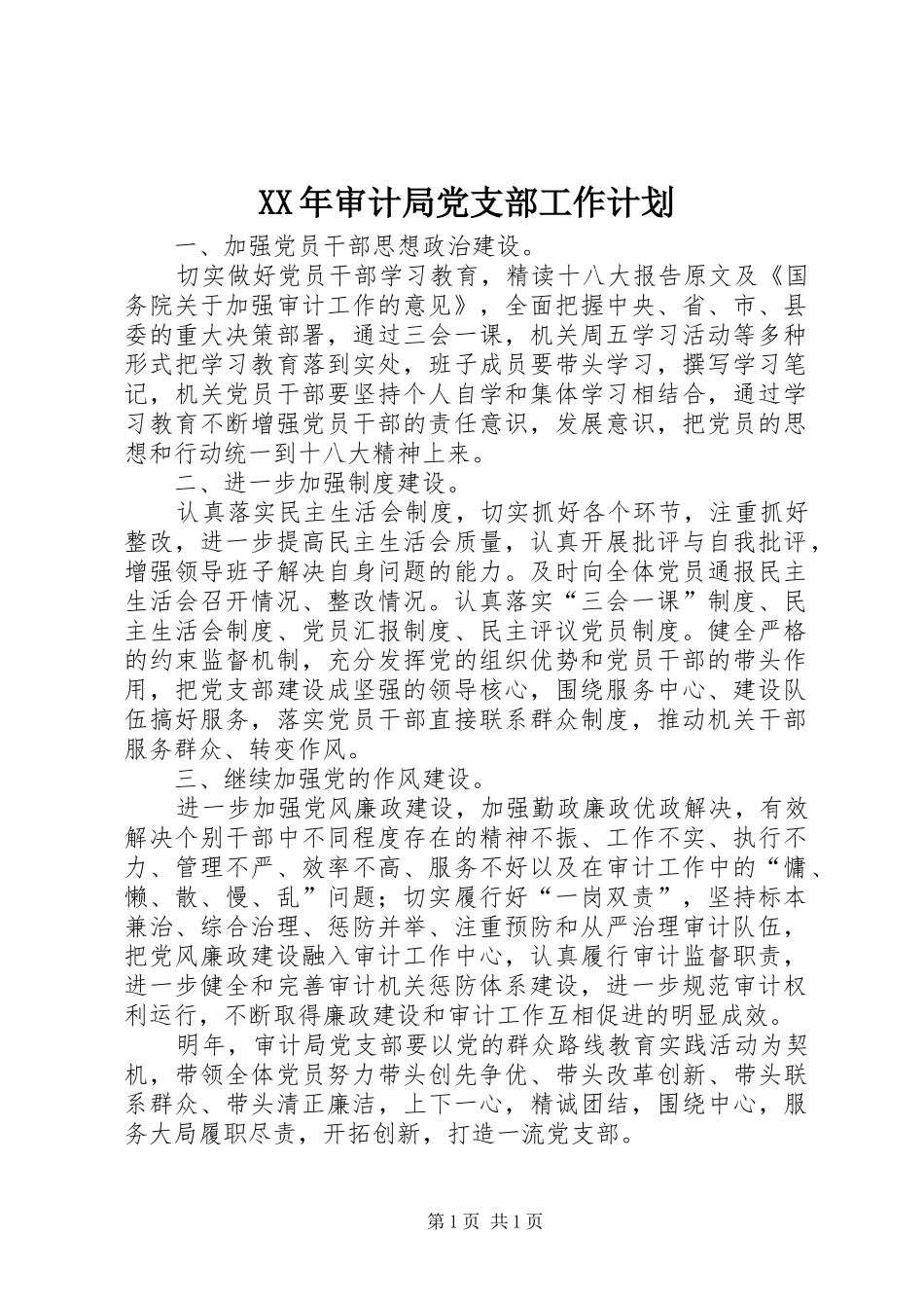 XX年审计局党支部工作计划_第1页