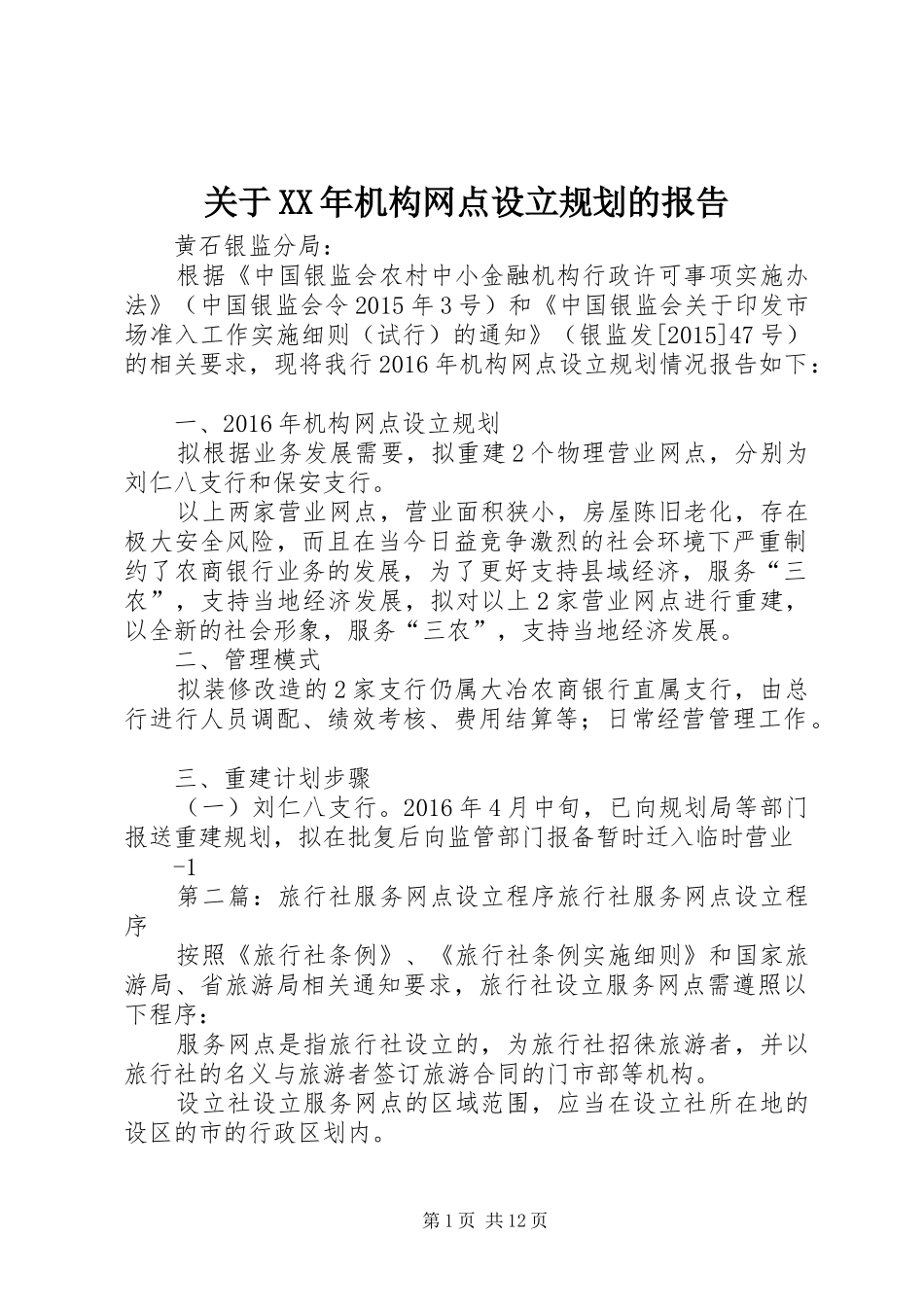 关于XX年机构网点设立规划的报告_第1页