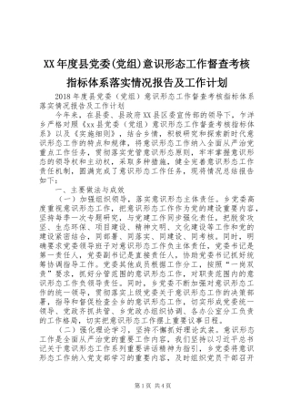 XX年度县党委(党组)意识形态工作督查考核指标体系落实情况报告及工作计划