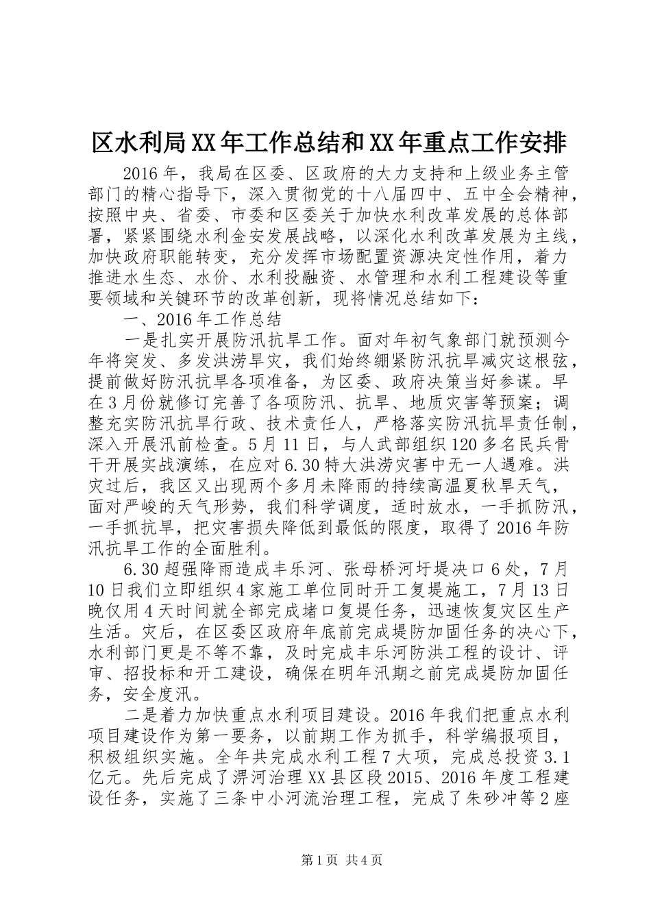 区水利局XX年工作总结和XX年重点工作安排_第1页