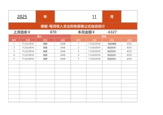 每月收入支出财务报表自动统计表表格模板