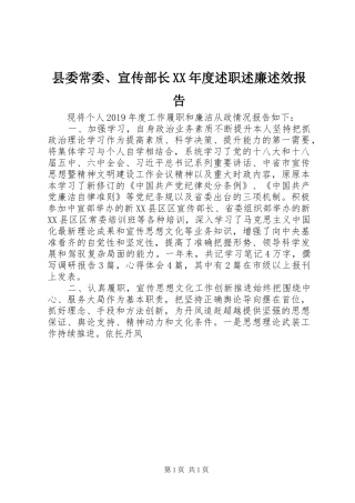 县委常委、宣传部长XX年度述职述廉述效报告