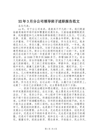 XX年3月分公司领导班子述职报告范文