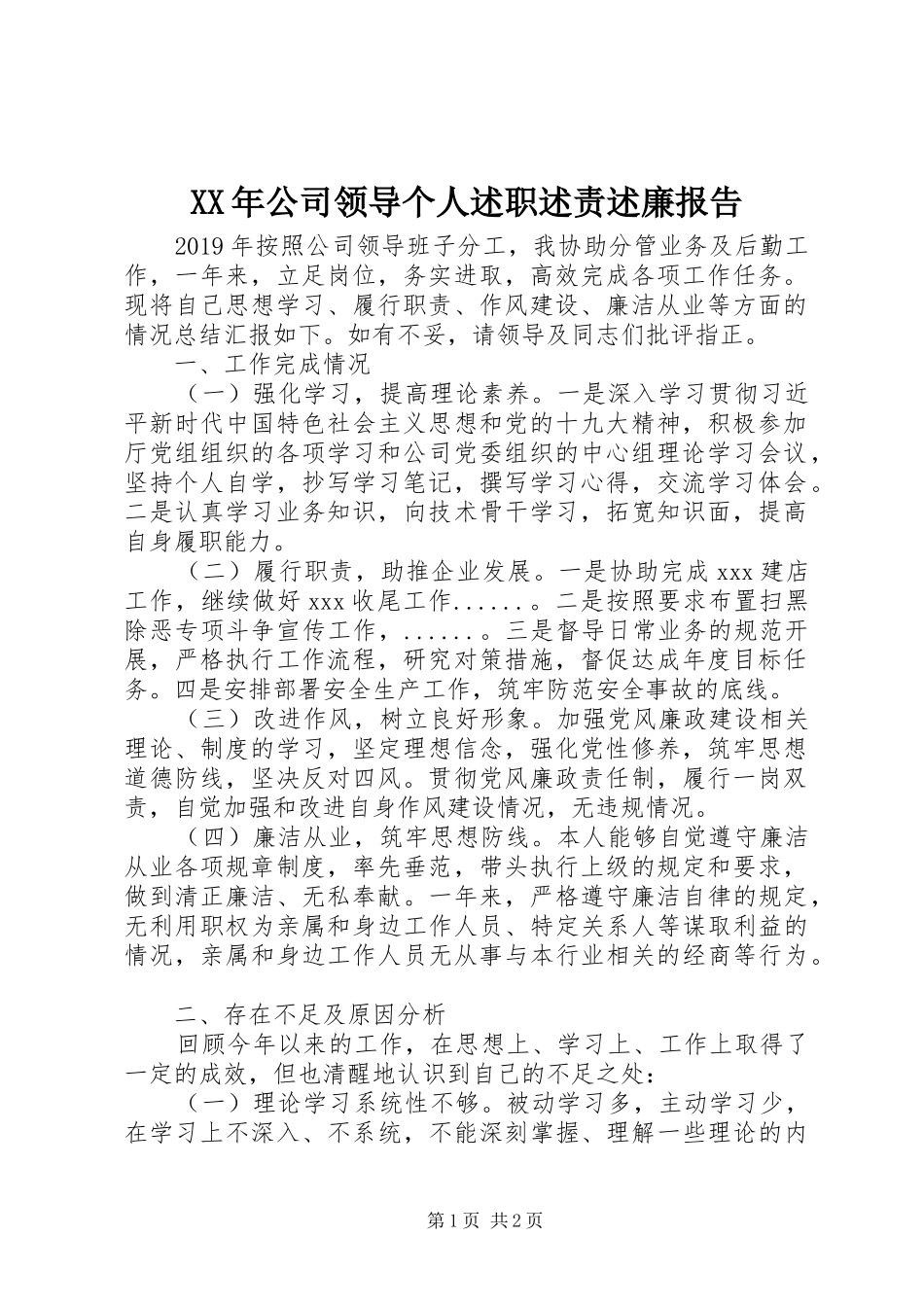 XX年公司领导个人述职述责述廉报告_第1页