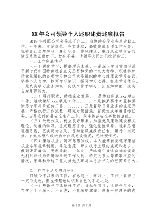 XX年公司领导个人述职述责述廉报告