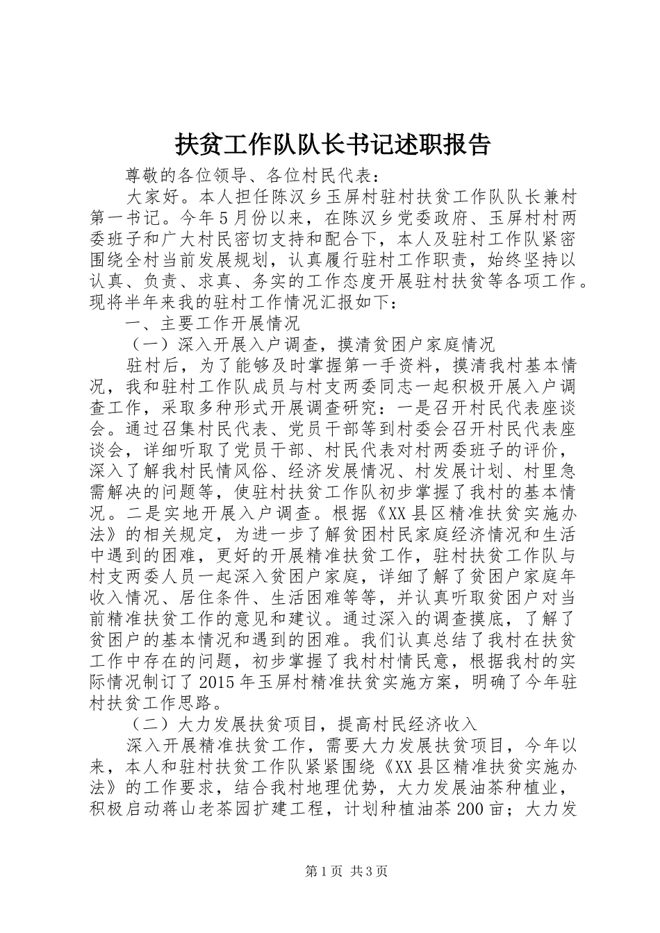 扶贫工作队队长书记述职报告_第1页
