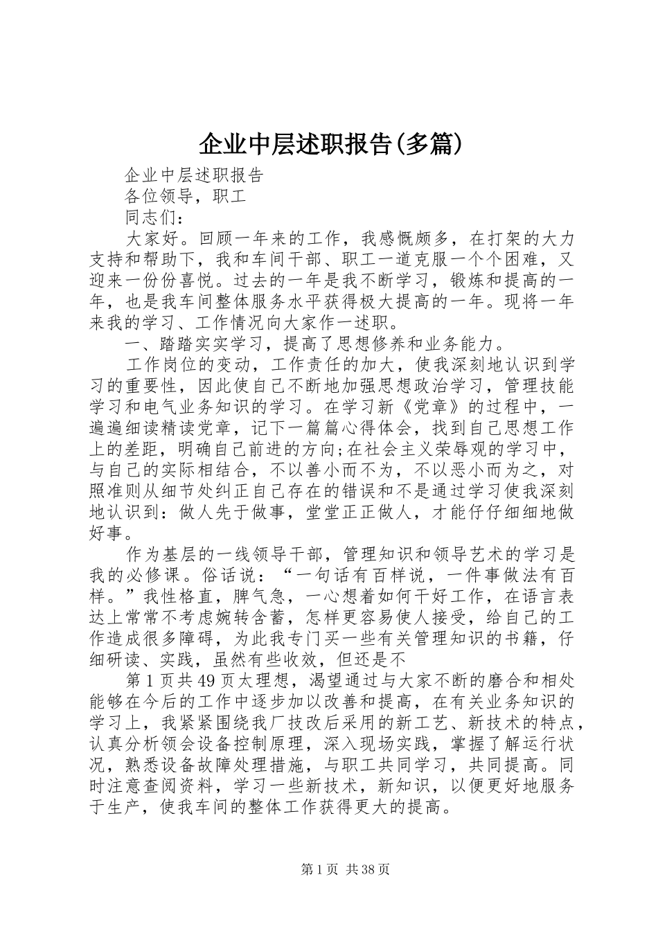 企业中层述职报告(多篇)_第1页