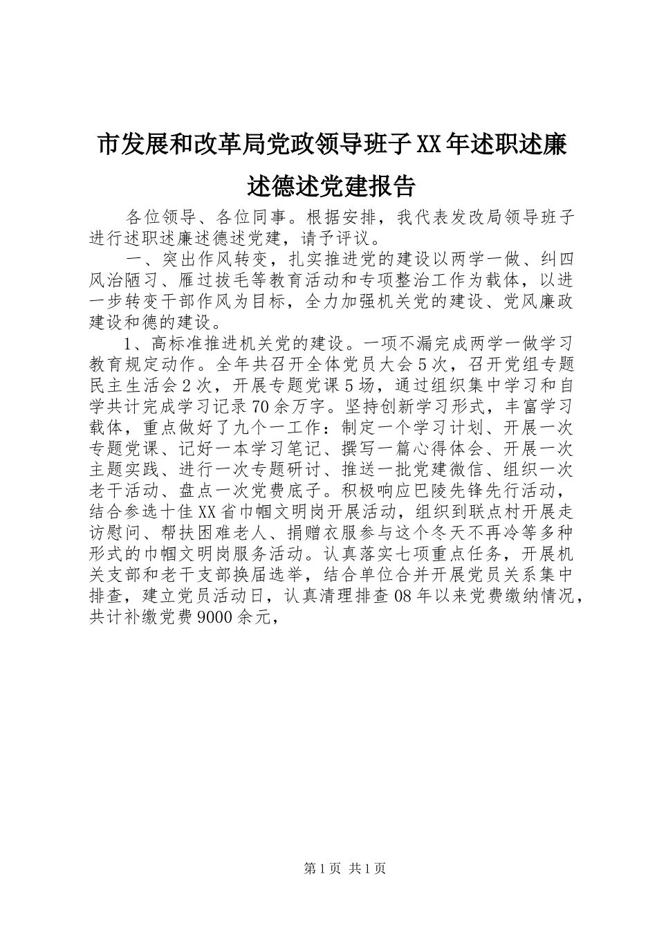 市发展和改革局党政领导班子XX年述职述廉述德述党建报告_第1页