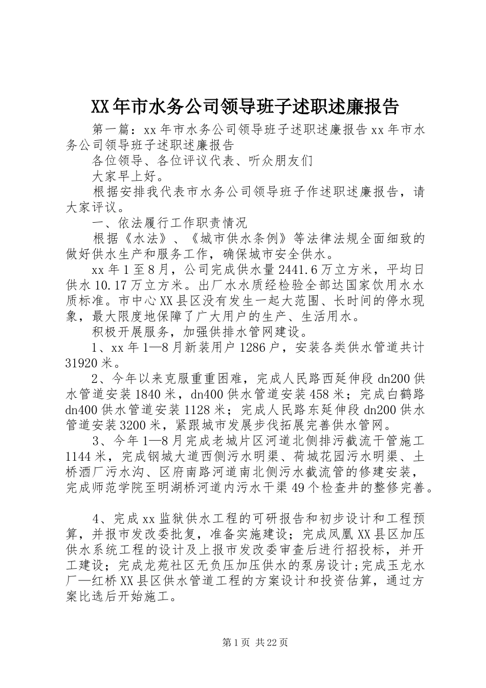 XX年市水务公司领导班子述职述廉报告_第1页