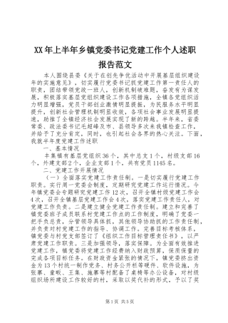 XX年上半年乡镇党委书记党建工作个人述职报告范文