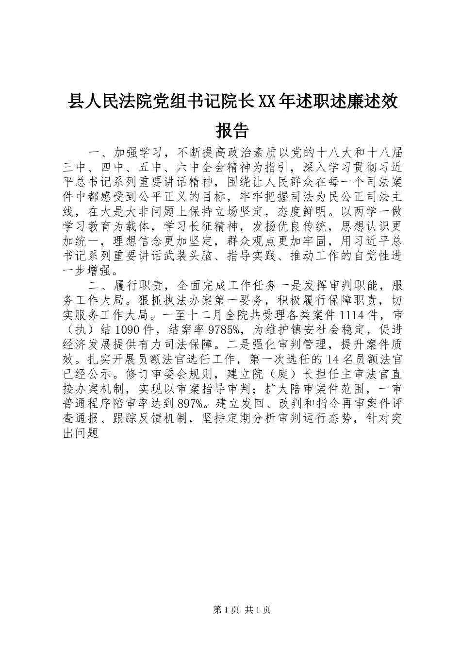 县人民法院党组书记院长XX年述职述廉述效报告_第1页