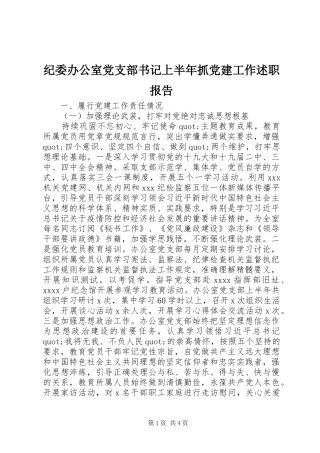 纪委办公室党支部书记上半年抓党建工作述职报告
