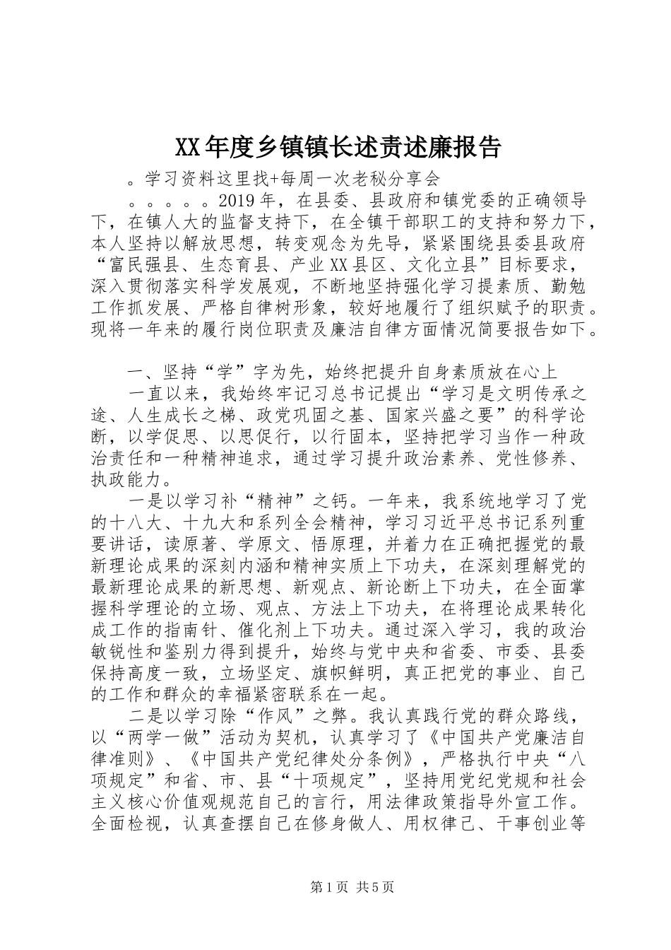 XX年度乡镇镇长述责述廉报告_第1页