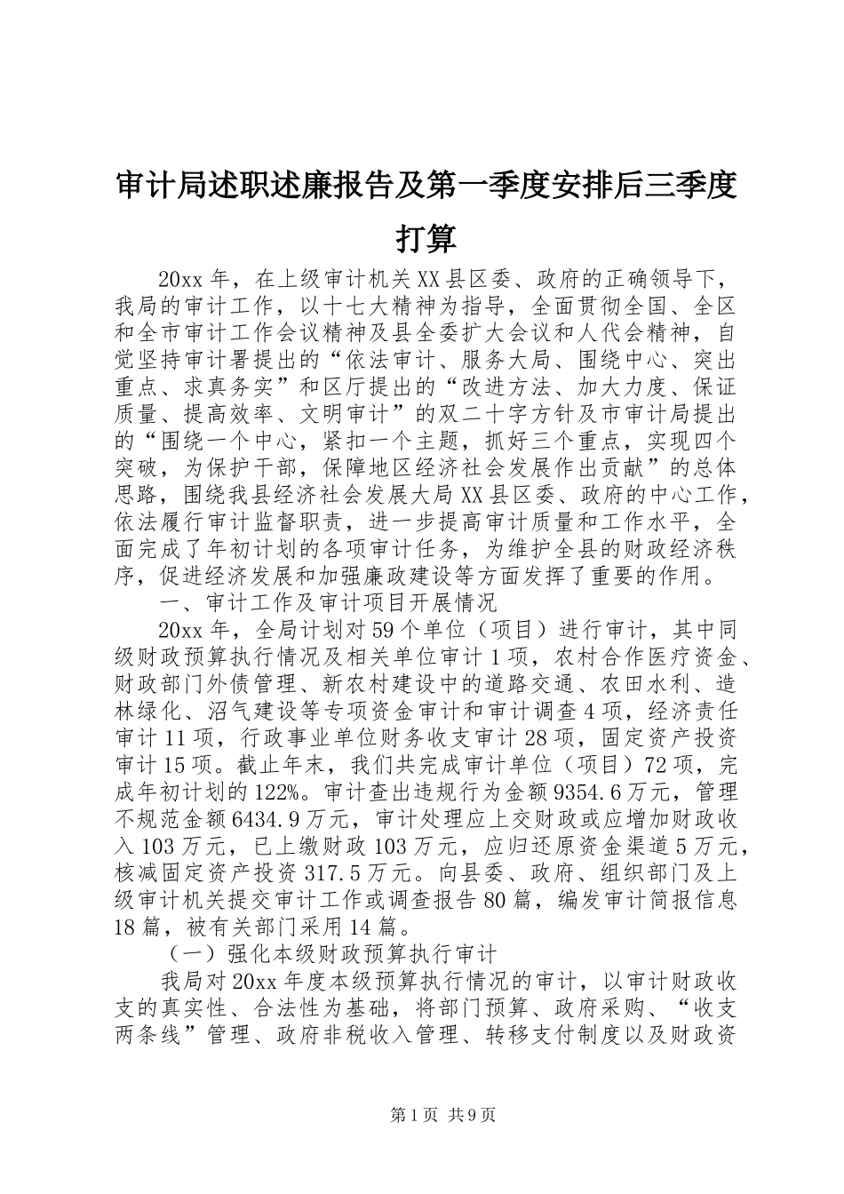 审计局述职述廉报告及第一季度安排后三季度打算_第1页