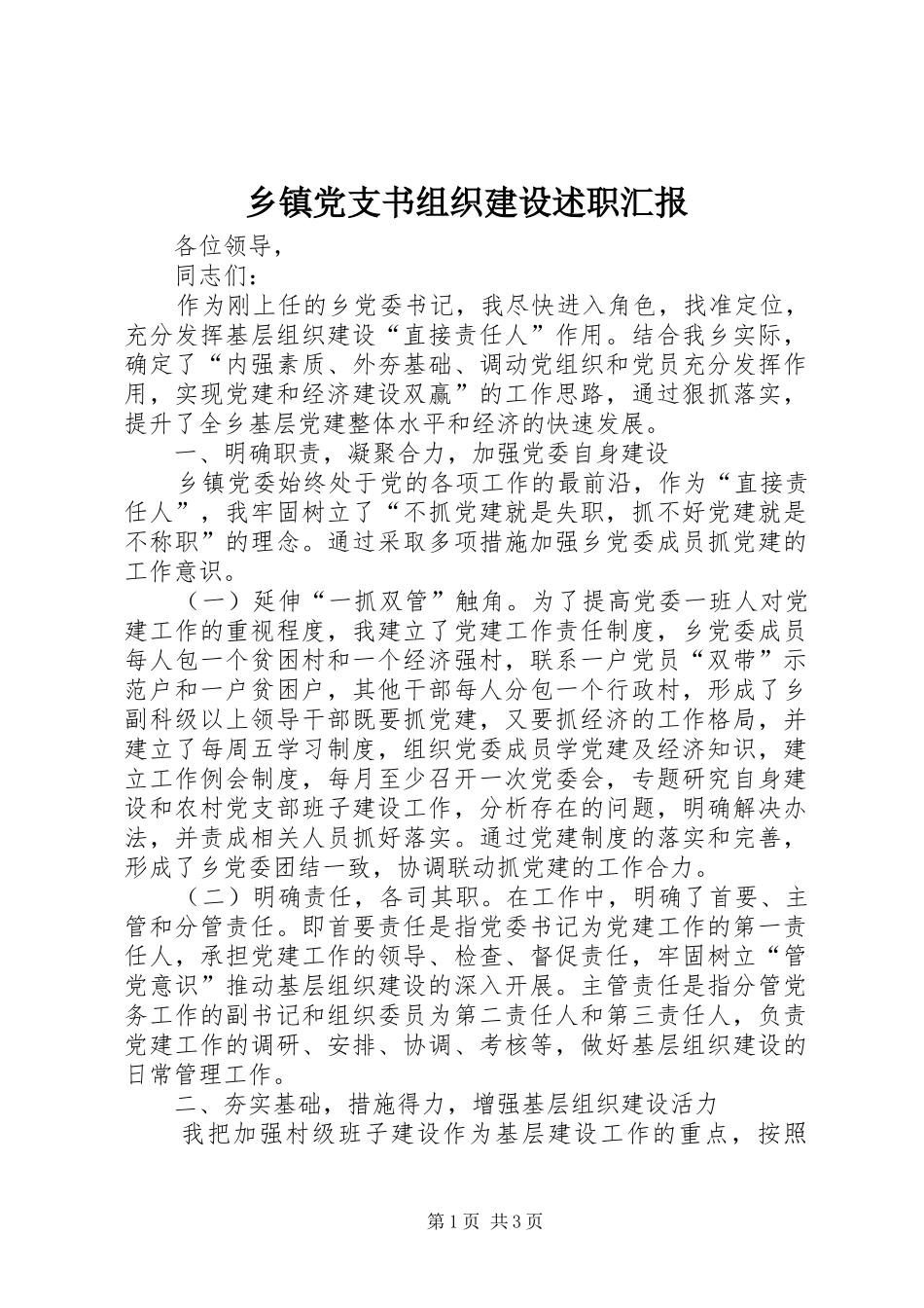 乡镇党支书组织建设述职汇报_第1页