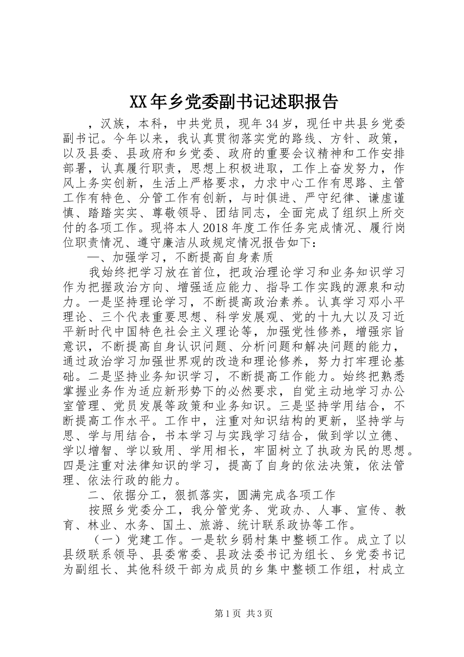 XX年乡党委副书记述职报告_第1页