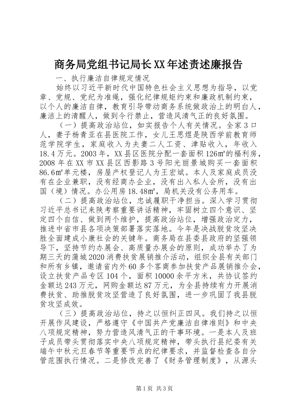 商务局党组书记局长XX年述责述廉报告_第1页